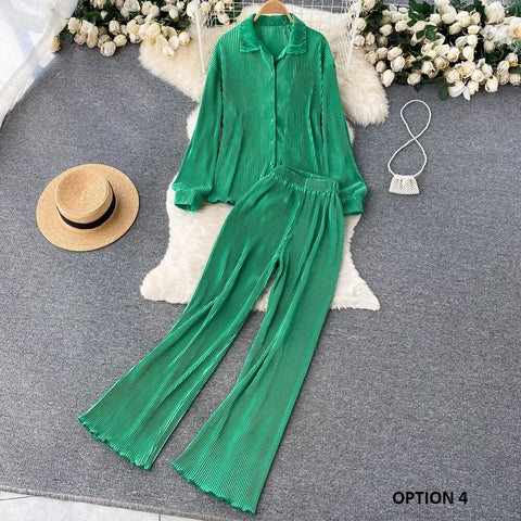 New Fashion Pleated Long Sleeve High Waist Top + Casual Pant Two-piece Set CODE: KAR2467
