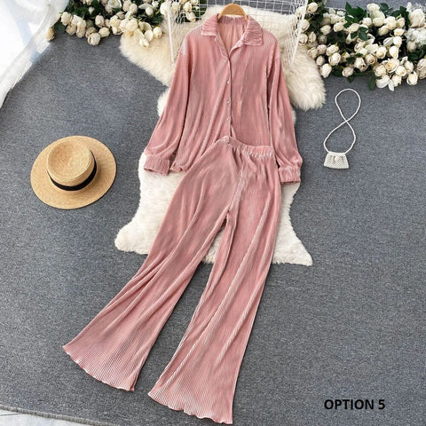 New Fashion Pleated Long Sleeve High Waist Top + Casual Pant Two-piece Set CODE: KAR2467