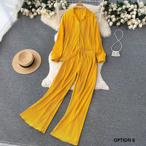 New Fashion Pleated Long Sleeve High Waist Top + Casual Pant Two-piece Set CODE: KAR2467