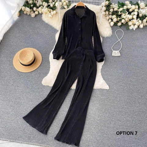 New Fashion Pleated Long Sleeve High Waist Top + Casual Pant Two-piece Set CODE: KAR2467