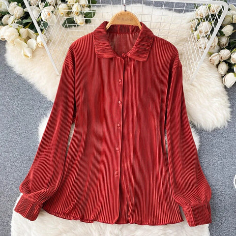 New Fashion Pleated Long Sleeve High Waist Top + Casual Pant Two-piece Set CODE: KAR2467