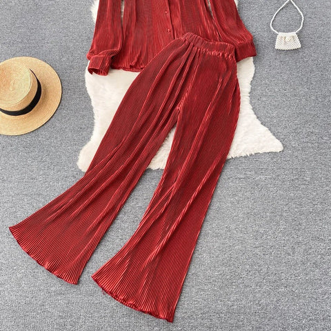New Fashion Pleated Long Sleeve High Waist Top + Casual Pant Two-piece Set CODE: KAR2467