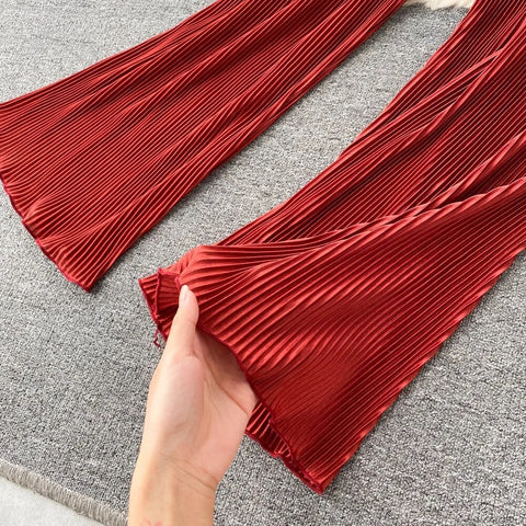 New Fashion Pleated Long Sleeve High Waist Top + Casual Pant Two-piece Set CODE: KAR2467