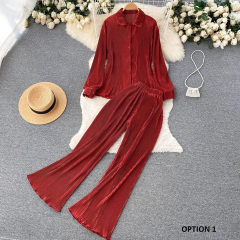 New Fashion Pleated Long Sleeve High Waist Top + Casual Pant Two-piece Set CODE: KAR2467