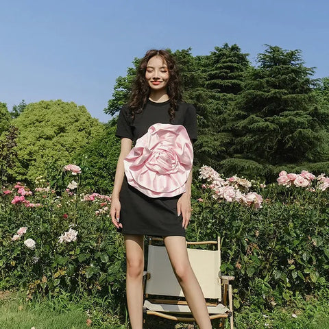 Summer Casual Loose 3D Floral Appliques Long Tees T-shirt CODE: KAR2469