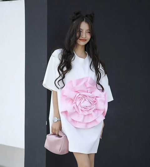 Summer Casual Loose 3D Floral Appliques Long Tees T-shirt CODE: KAR2469
