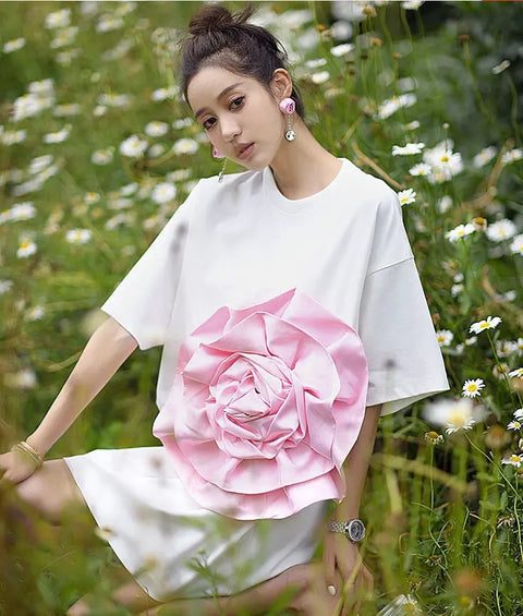 Summer Casual Loose 3D Floral Appliques Long Tees T-shirt CODE: KAR2469