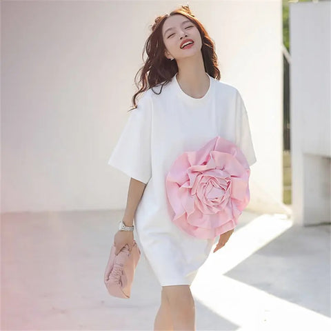 Summer Casual Loose 3D Floral Appliques Long Tees T-shirt CODE: KAR2469