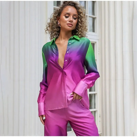 New Elegant Casual Long Sleeve Shirt Straight Gradient Pant Set CODE: KAR2473