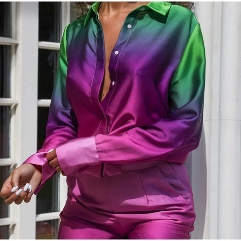 New Elegant Casual Long Sleeve Shirt Straight Gradient Pant Set CODE: KAR2473