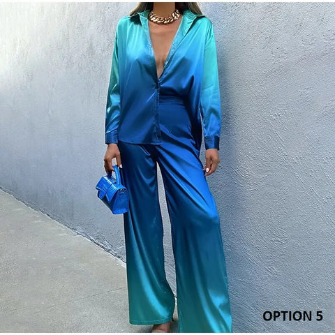 New Elegant Casual Long Sleeve Shirt Straight Gradient Pant Set CODE: KAR2473
