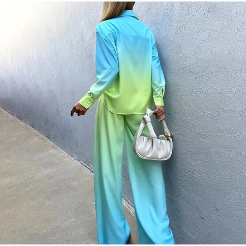 New Elegant Casual Long Sleeve Shirt Straight Gradient Pant Set CODE: KAR2473