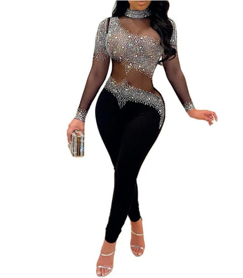 Sexy Rhinestone Sheer Mesh Patchwork Long Sleeve Backless Skinny Jumpsuit CODE: KAR2474