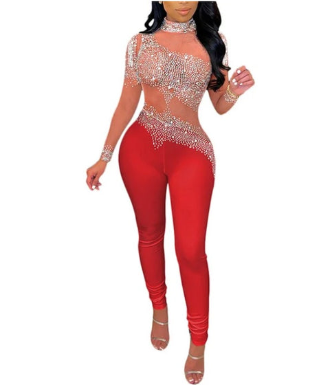 Sexy Rhinestone Sheer Mesh Patchwork Long Sleeve Backless Skinny Jumpsuit CODE: KAR2474