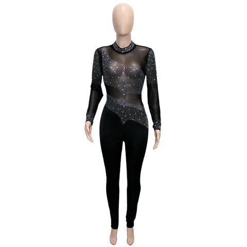 Sexy Rhinestone Sheer Mesh Patchwork Long Sleeve Backless Skinny Jumpsuit CODE: KAR2474