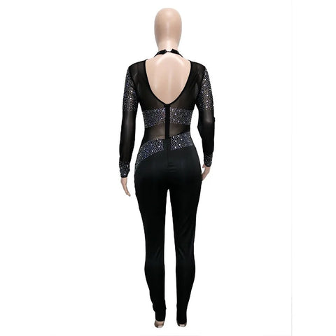 Sexy Rhinestone Sheer Mesh Patchwork Long Sleeve Backless Skinny Jumpsuit CODE: KAR2474