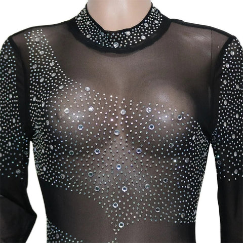 Sexy Rhinestone Sheer Mesh Patchwork Long Sleeve Backless Skinny Jumpsuit CODE: KAR2474