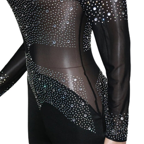 Sexy Rhinestone Sheer Mesh Patchwork Long Sleeve Backless Skinny Jumpsuit CODE: KAR2474
