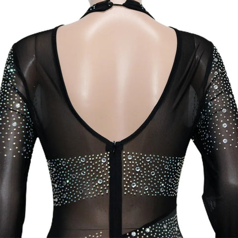 Sexy Rhinestone Sheer Mesh Patchwork Long Sleeve Backless Skinny Jumpsuit CODE: KAR2474