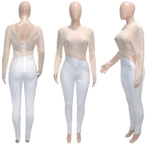 Sexy Rhinestone Sheer Mesh Patchwork Long Sleeve Backless Skinny Jumpsuit CODE: KAR2474
