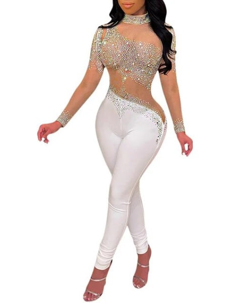 Sexy Rhinestone Sheer Mesh Patchwork Long Sleeve Backless Skinny Jumpsuit CODE: KAR2474
