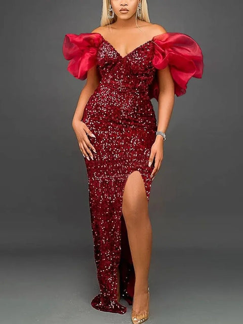 Sexy Dress Sequin Off Shoulder Fluffy Sleeve High Slit Maxi Long Party Dress CODE: KAR2475
