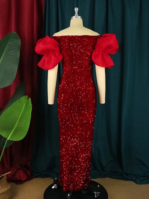 Sexy Dress Sequin Off Shoulder Fluffy Sleeve High Slit Maxi Long Party Dress CODE: KAR2475