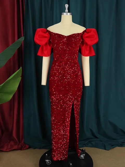 Sexy Dress Sequin Off Shoulder Fluffy Sleeve High Slit Maxi Long Party Dress CODE: KAR2475