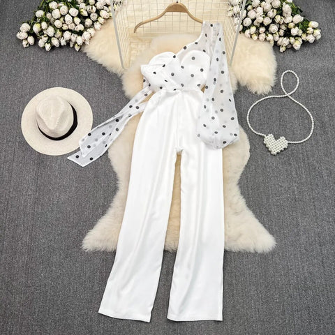 Summer Casual Skew Collar Single Off Shoulder High Waist Straight Wide Leg Jumpsuit CODE: KAR2480