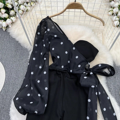 Summer Casual Skew Collar Single Off Shoulder High Waist Straight Wide Leg Jumpsuit CODE: KAR2480