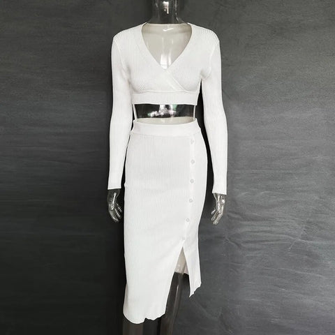 New Autumn Winter V-Neck Casual Knitted Top Slit Skirt Sweater Set CODE: KAR2489