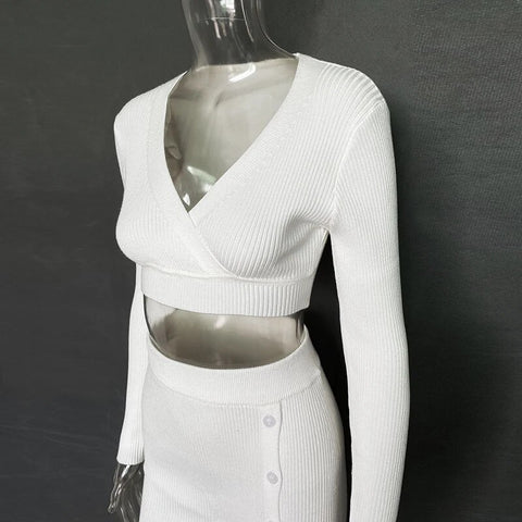 New Autumn Winter V-Neck Casual Knitted Top Slit Skirt Sweater Set CODE: KAR2489