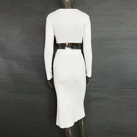 New Autumn Winter V-Neck Casual Knitted Top Slit Skirt Sweater Set CODE: KAR2489