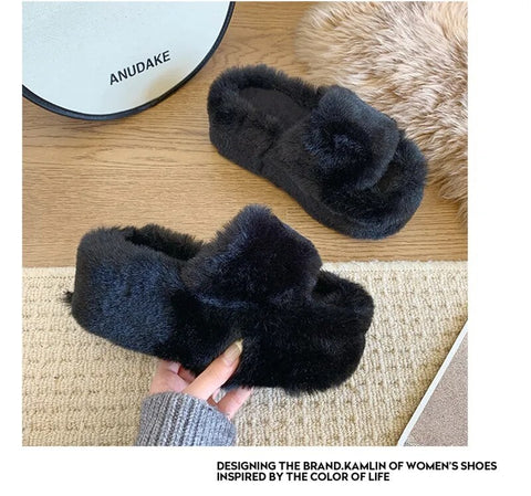New Summer Fashion Fur Chunky Open Toe Platform Flat Heel Slipper CODE: KAR2491