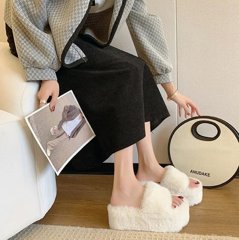 New Summer Fashion Fur Chunky Open Toe Platform Flat Heel Slipper CODE: KAR2491