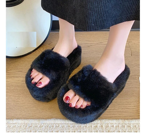 New Summer Fashion Fur Chunky Open Toe Platform Flat Heel Slipper CODE: KAR2491