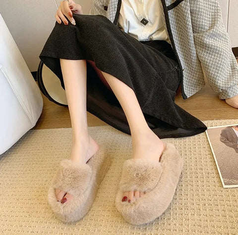 New Summer Fashion Fur Chunky Open Toe Platform Flat Heel Slipper CODE: KAR2491