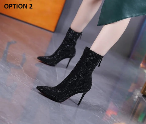 New Winter Fashion Pointed Rhinestone Back Zipper Thin Heel Boot CODE: KAR2492