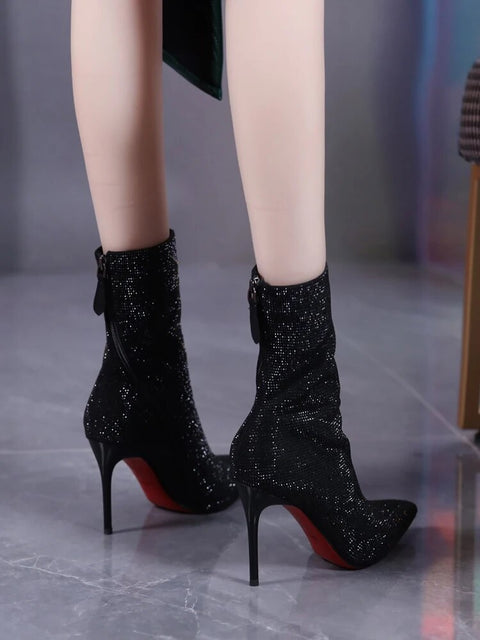 New Winter Fashion Pointed Rhinestone Back Zipper Thin Heel Boot CODE: KAR2492