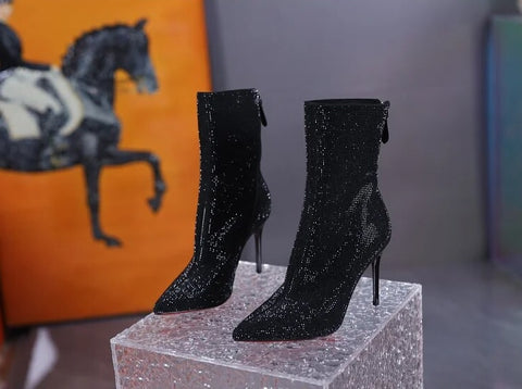 New Winter Fashion Pointed Rhinestone Back Zipper Thin Heel Boot CODE: KAR2492