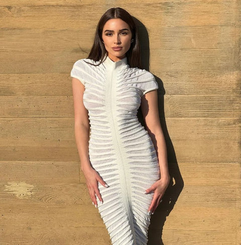 New Summer Sexy Through Knitted Short Sleeve Stand Bodycon Maxi Dress CODE: KAR2493
