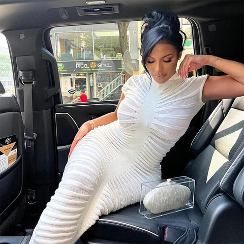 New Summer Sexy Through Knitted Short Sleeve Stand Bodycon Maxi Dress CODE: KAR2493
