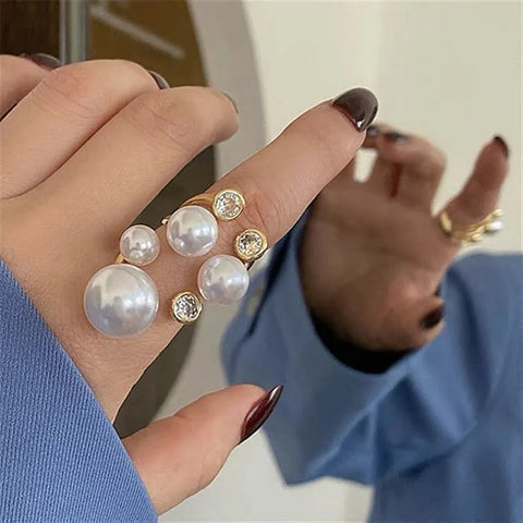 Crystal Exaggerated Geometric Opening Pearl Adjustable Irregular Ring CODE: KAR2495