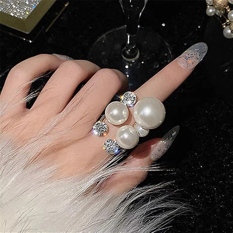 Crystal Exaggerated Geometric Opening Pearl Adjustable Irregular Ring CODE: KAR2495