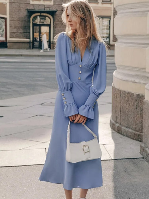 New Lantern V Neck Long Sleeve High Waist Slim Fit Ankle length Dress CODE: KAR2499