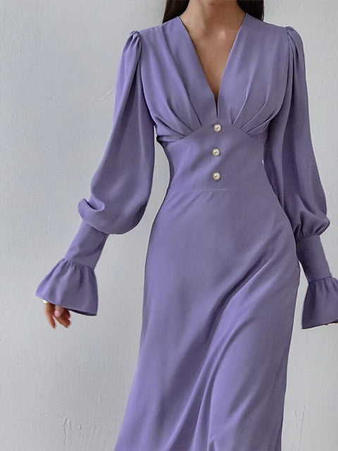 New Lantern V Neck Long Sleeve High Waist Slim Fit Ankle length Dress CODE: KAR2499