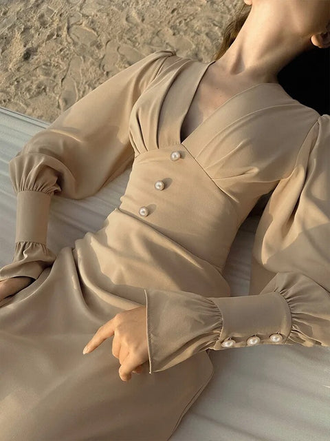 New Lantern V Neck Long Sleeve High Waist Slim Fit Ankle length Dress CODE: KAR2499