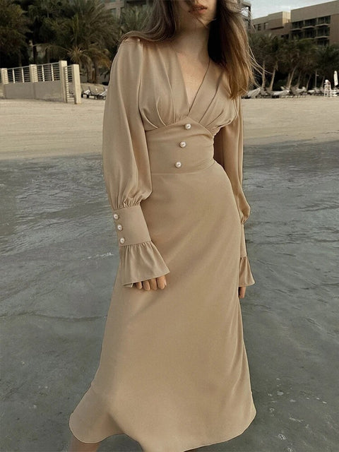 New Lantern V Neck Long Sleeve High Waist Slim Fit Ankle length Dress CODE: KAR2499