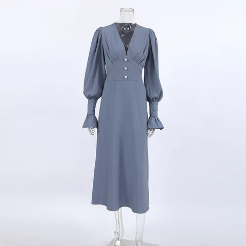 New Lantern V Neck Long Sleeve High Waist Slim Fit Ankle length Dress CODE: KAR2499
