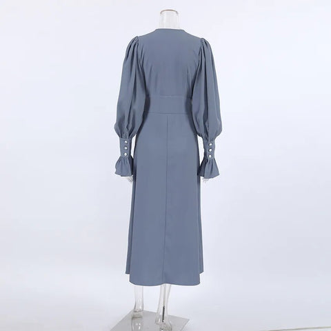 New Lantern V Neck Long Sleeve High Waist Slim Fit Ankle length Dress CODE: KAR2499